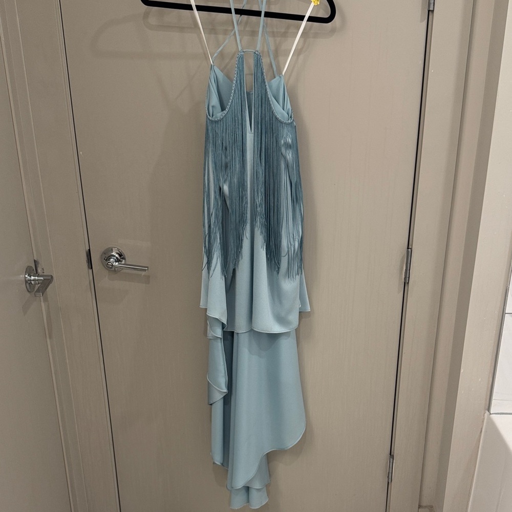 Michael Costello Teal High Low Fringe Dress